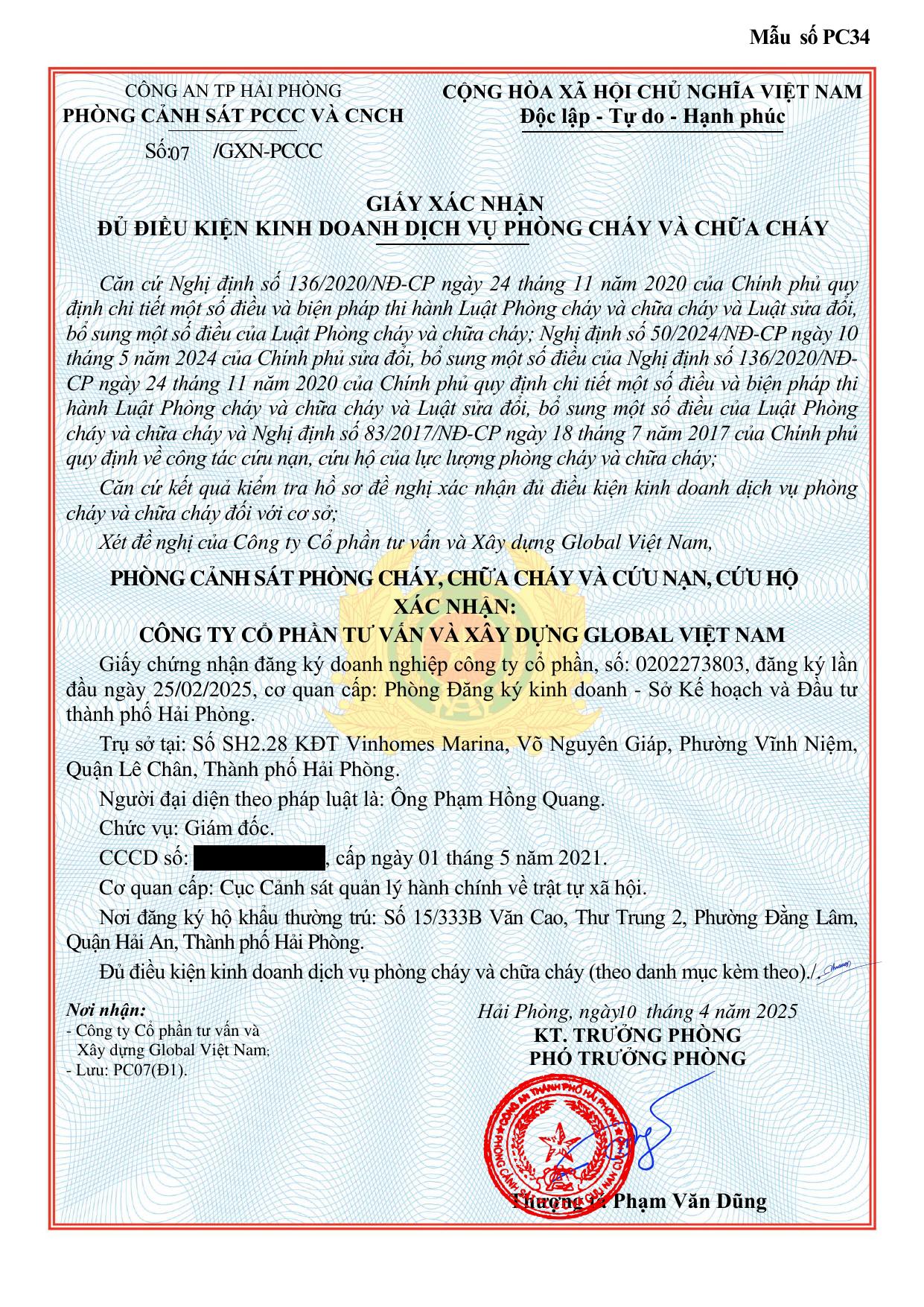 Xác nhận đủ điều kiện kinh doanh PCCC Global