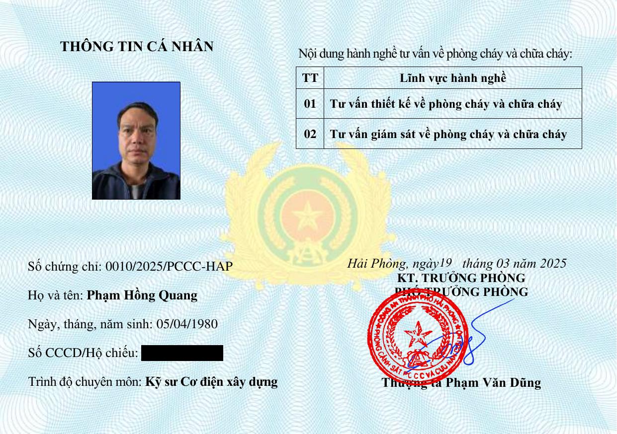 Chứng chỉ hành nghề PCCC cá nhân Phạm Hồng Quang